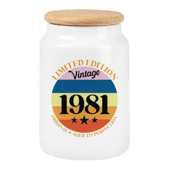 1981 Anniversaire Vintage Cadeau d'Anniversaire 81 - Boîte à biscuits avec couvercle en bois - blanc - Devant