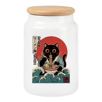 Lustige Kawaii Katzen-Ramen Japanische Anime-Nudeln - Keksdose mit Holzdeckel - Weiß - Vorne