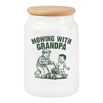 Mowing With Grandpa - Cookie Jar with Wooden Lid - white - Front