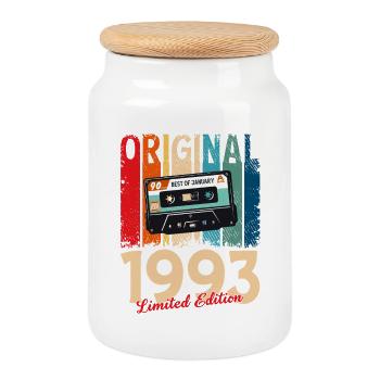 33rd Birthday Cassette January Year 1993 - Cookie Jar with Wooden Lid - white - Front