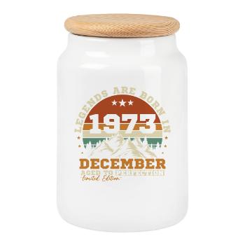 December 1973 Vintage Birthday Gift - Cookie Jar with Wooden Lid - white - Front