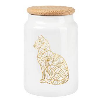 Goldene Katze im Art-Déco-Stil - Keksdose mit Holzdeckel - Weiß - Vorne