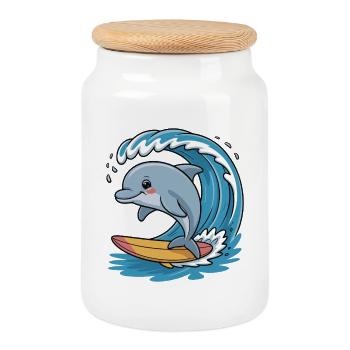 Dolphin Surfer sur la magie des vagues - Boîte à biscuits avec couvercle en bois - blanc - Devant