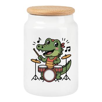 Dessin animé du batteur crocodile - Boîte à biscuits avec couvercle en bois - blanc - Devant