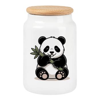 Panda with bamboo stick - Cookie Jar with Wooden Lid - white - Front