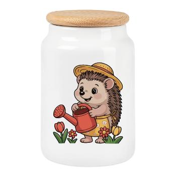 Hérisson jardinier avec un chapeau de paille - Boîte à biscuits avec couvercle en bois - blanc - Devant