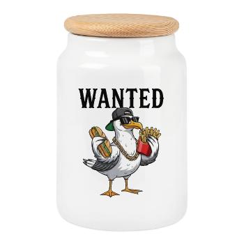 Wanted seagull with fries and fish sandwiches - Cookie Jar with Wooden Lid - white - Front