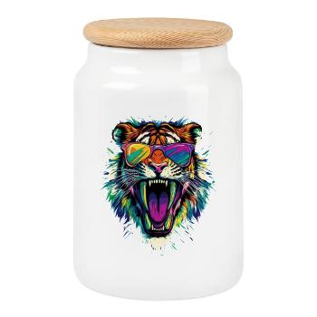 Saber-toothed tiger Smilodon Big cat Sabertooth tiger - Cookie Jar with Wooden Lid - white - Front