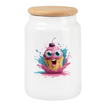 Colorful cupcake with face - Cookie Jar with Wooden Lid - white - Front