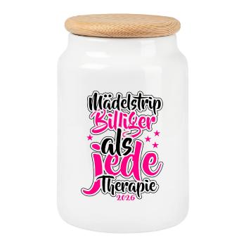 Mädelstrip 2026 Girls Trip Mädelstour Mädlstrip - Keksdose mit Holzdeckel - Weiß - Vorne