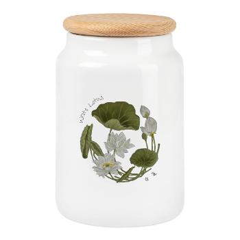 White Lotus: Zeshin’s Serenity  Japanese Botanical - Cookie Jar with Wooden Lid - white - Front