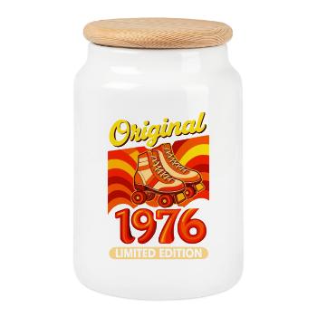 Original 1976 Limited Edition Retro Rollschuh - Keksdose mit Holzdeckel - Weiß - Vorne