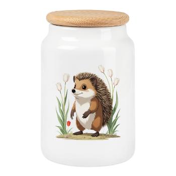 Hérisson dans le parterre de tulipes - Boîte à biscuits avec couvercle en bois - blanc - Devant