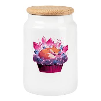 Cuddly fox in crystal cupcake - Cookie Jar with Wooden Lid - white - Front
