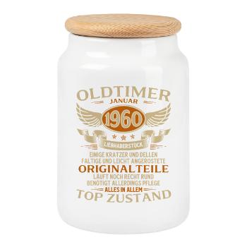 66. Geburtstag Geschenk Oldtimer Januar 1960 - Keksdose mit Holzdeckel - Weiß - Vorne