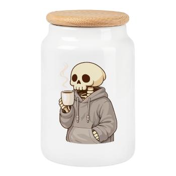 Cozy skeleton with cup – Quiet moment - Cookie Jar with Wooden Lid - white - Front