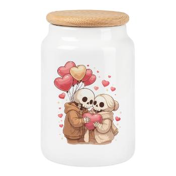 Couple squelette douillet avec ballons en forme de cœur – Amour - Boîte à biscuits avec couvercle en bois - blanc - Devant