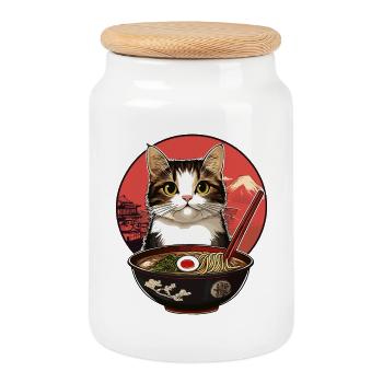 Cats with ramen - Cookie Jar with Wooden Lid - white - Front
