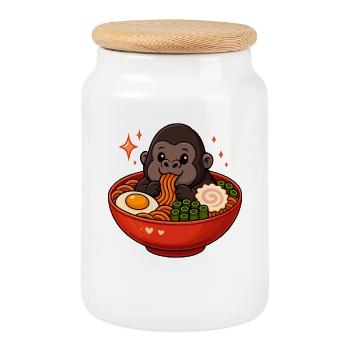 Gorilla with noodles ramen kawaii gorilla - Cookie Jar with Wooden Lid - white - Front