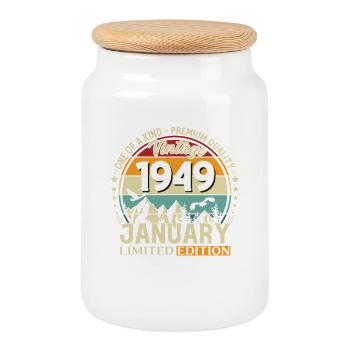 77th Birthday Vintage January Vintage 1949 - Cookie Jar with Wooden Lid - white - Front