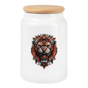 Lion Lion Head - Boîte à biscuits avec couvercle en bois - blanc - Devant