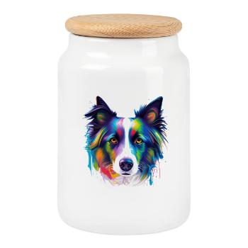 Colorful Border Collie Dog Face Paint Art - Cookie Jar with Wooden Lid - white - Front