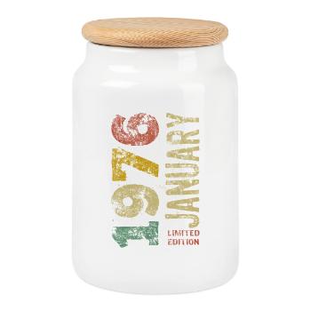 Limited Edition January 1976 Birthday Gift - Cookie Jar with Wooden Lid - white - Front
