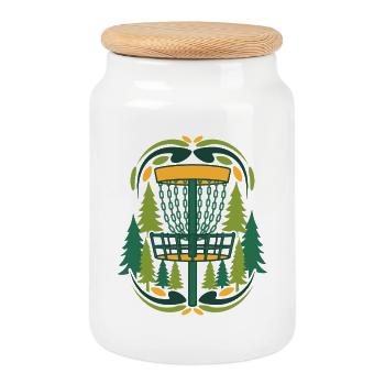 Scène du disque volant du panier de Disc Golf dans la forêt - Boîte à biscuits avec couvercle en bois - blanc - Devant