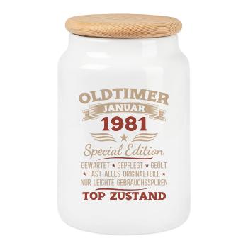 45th Birthday Gift Classic Car January 1981 - Cookie Jar with Wooden Lid - white - Front