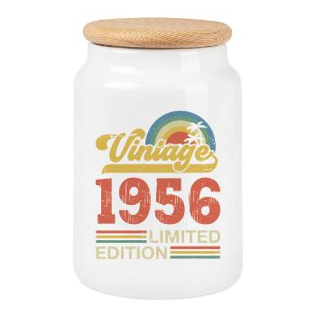 Vintage 1956 Birthday Gift - Cookie Jar with Wooden Lid - white - Front