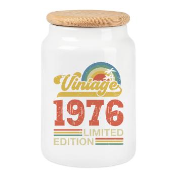 Vintage Jubiläumsgeschenk von 1976 - Keksdose mit Holzdeckel - Weiß - Vorne