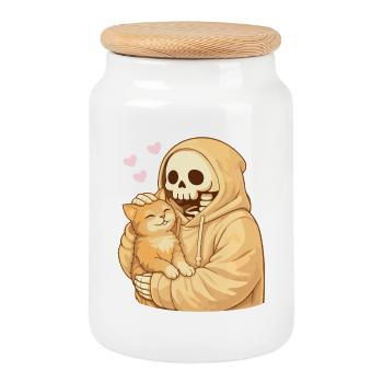 Cozy Skeleton with Cat – Gentle Closeness - Cookie Jar with Wooden Lid - white - Front