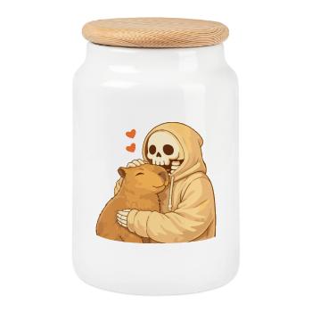 Cozy Skelett mit Capybara – Geborgenheit - Keksdose mit Holzdeckel - Weiß - Vorne