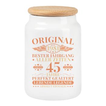 1981 Vintage Born Legend 45th Birthday - Cookie Jar with Wooden Lid - white - Front