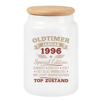 30th Birthday Gift Vintage Car January 1996 - Cookie Jar with Wooden Lid - white - Front