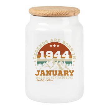 January 1944 Vintage Retro Birthday Gift - Cookie Jar with Wooden Lid - white - Front