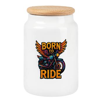 Born to Ride - Motorcycle - Biker - Cookie Jar with Wooden Lid - white - Front