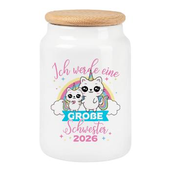 Big Sister 2026 Unicorn Cat Pregnancy - Cookie Jar with Wooden Lid - white - Front