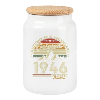 Cadeau d’anniversaire original rétro vintage de 1946 - Boîte à biscuits avec couvercle en bois - blanc - Devant