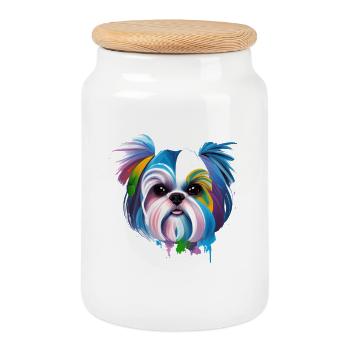Bunte Shih Tzu Kunst Chrysanthemen-Hundemama - Keksdose mit Holzdeckel - Weiß - Vorne