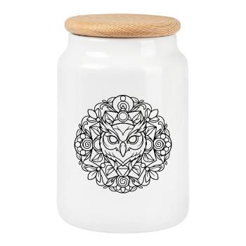 Eulen Mandala mit feiner Ornamentik - Keksdose mit Holzdeckel - Weiß - Vorne