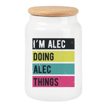 Ich bin Alec, der Alec-Dinge Retrofarben macht - Keksdose mit Holzdeckel - Weiß - Vorne