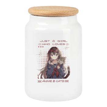 Anime Girl Loves Cats – Un design otaku mignon - Boîte à biscuits avec couvercle en bois - blanc - Devant