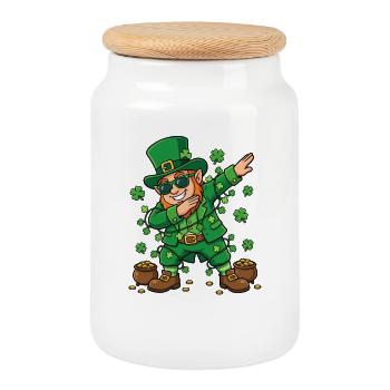 Dabbing Leprechaun St. Patrick's Day Leprechaun - Cookie Jar with Wooden Lid - white - Front