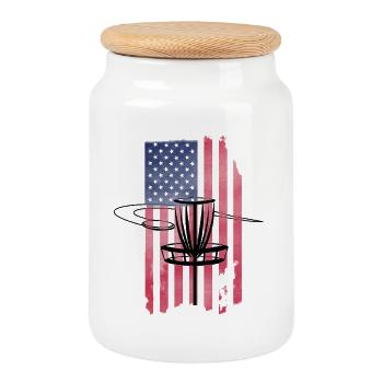 Disc Golf USA Flag  - Cookie Jar with Wooden Lid - white - Front