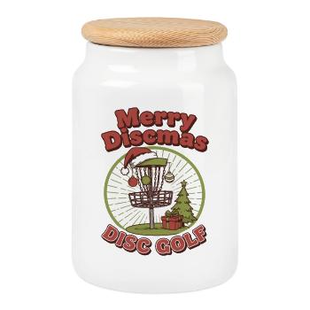 Merry Discmas Disc Golf Funny Flying Disc Basket - Cookie Jar with Wooden Lid - white - Front