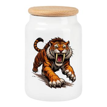 Comic Tiger Attack - Cookie Jar with Wooden Lid - white - Front