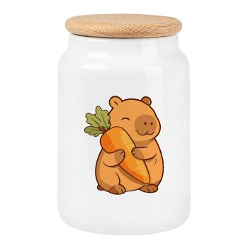 Capybara with carrot – relaxed & cute - Cookie Jar with Wooden Lid - white - Front