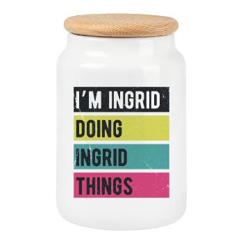 Ich bin Ingrid, mache Ingrid-Dinge Retro-Farben - Keksdose mit Holzdeckel - Weiß - Vorne