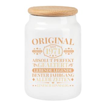 Vintage 1971 Perfectly Aged 55th Birthday - Cookie Jar with Wooden Lid - white - Front